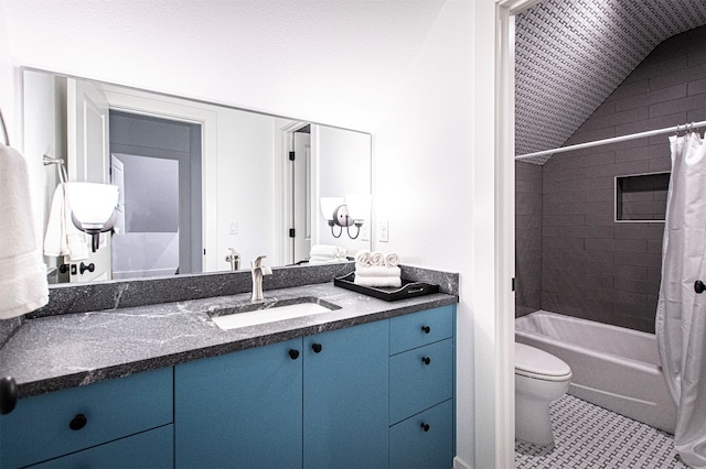 full bathroom featuring tile patterned floors, lofted ceiling, toilet, vanity, and shower / tub combo