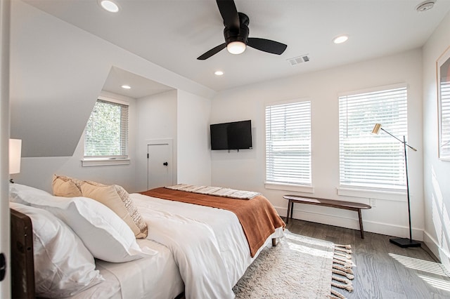 bedroom featuring ceiling fan, dark hardwood / wood-style flooring, and multiple windows