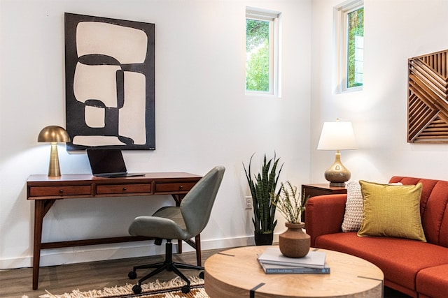 home office with hardwood / wood-style floors