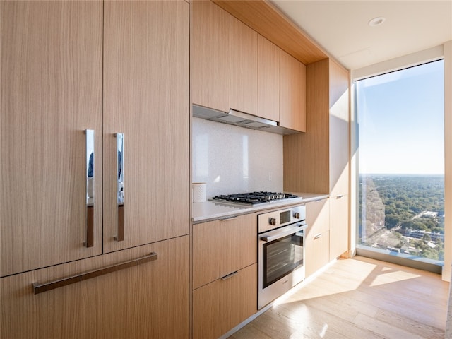 kitchen with light countertops, appliances with stainless steel finishes, light brown cabinets, modern cabinets, and light wood-type flooring