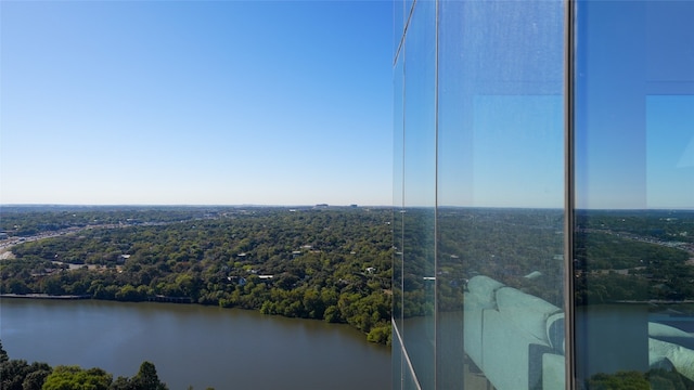 aerial view featuring a water view and a view of trees