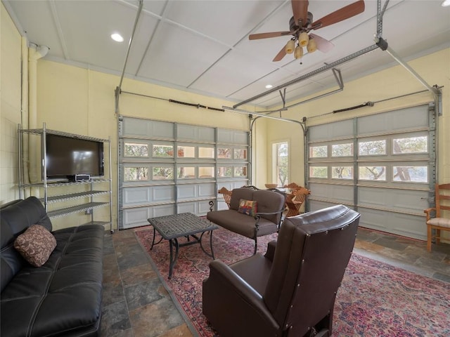 interior space featuring ceiling fan