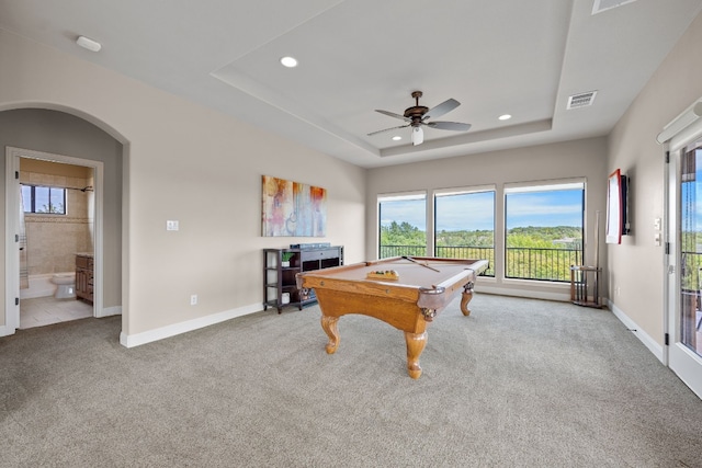 playroom featuring carpet flooring, a raised ceiling, ceiling fan, and pool table