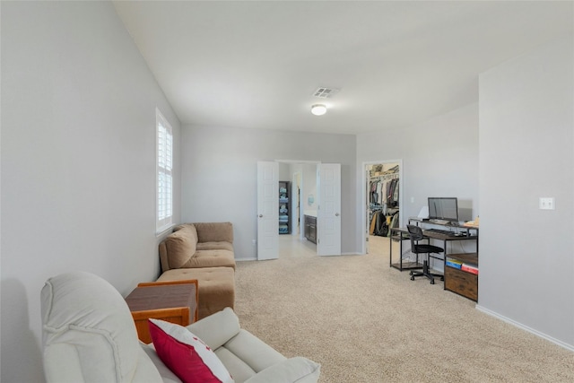 home office with light carpet