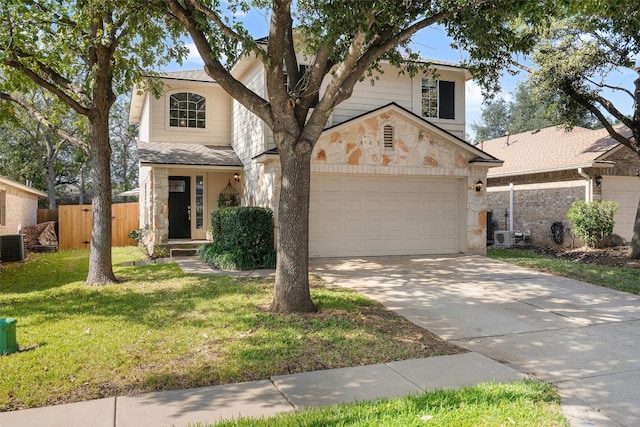 view of front of property featuring central AC, a garage, and a front lawn