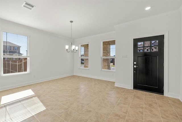 3601 Lapio Way, Round Rock, TX 78665 - entryway with a chandelier, ornamental molding, light tile patterned flooring, baseboards, and recessed lighting