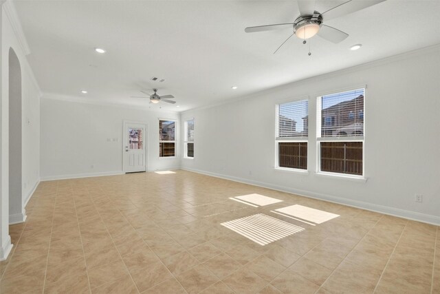 3601 Lapio Way, Round Rock, TX 78665 - unfurnished living room featuring a ceiling fan, ornamental molding, light tile patterned flooring, recessed lighting, and baseboards