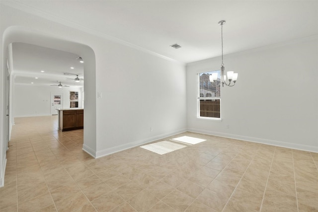 tiled spare room featuring ceiling fan with notable chandelier and ornamental molding