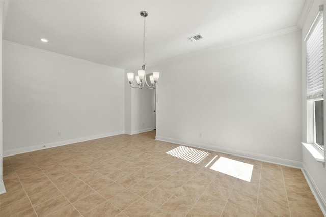 unfurnished room featuring an inviting chandelier and crown molding