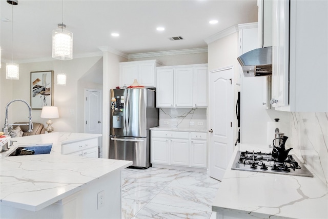 kitchen featuring light stone counters, stainless steel refrigerator with ice dispenser, decorative light fixtures, decorative backsplash, and white cabinets