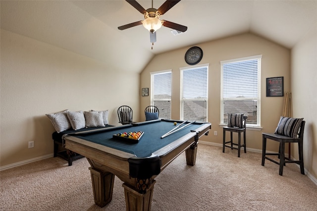 playroom with carpet, ceiling fan, pool table, and vaulted ceiling