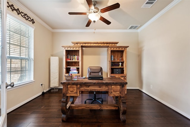 office featuring crown molding, dark hardwood / wood-style flooring, and ceiling fan