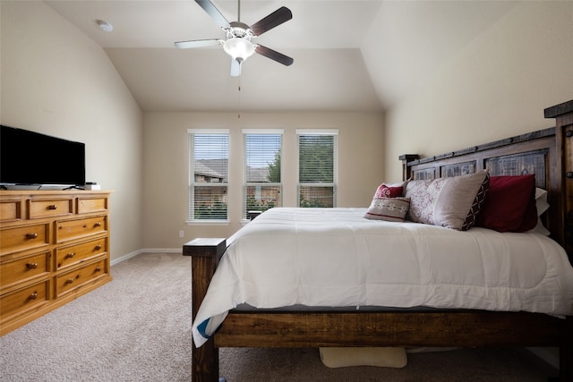 bedroom with carpet floors, ceiling fan, and lofted ceiling