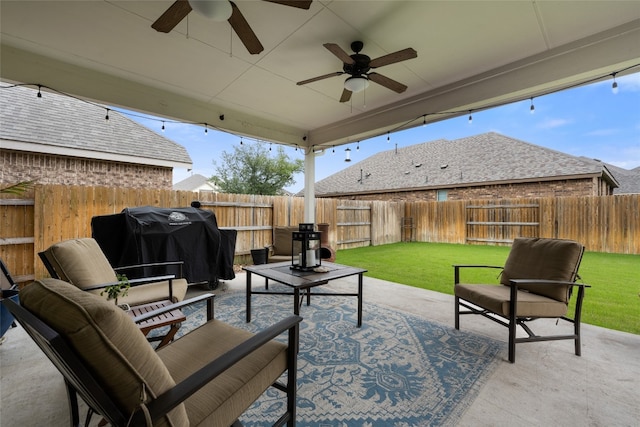 view of patio / terrace featuring outdoor lounge area, ceiling fan, and grilling area