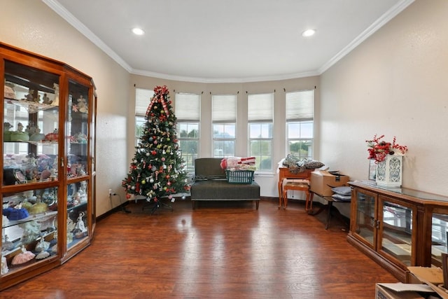 sitting room with ornamental molding and dark wood-type flooring