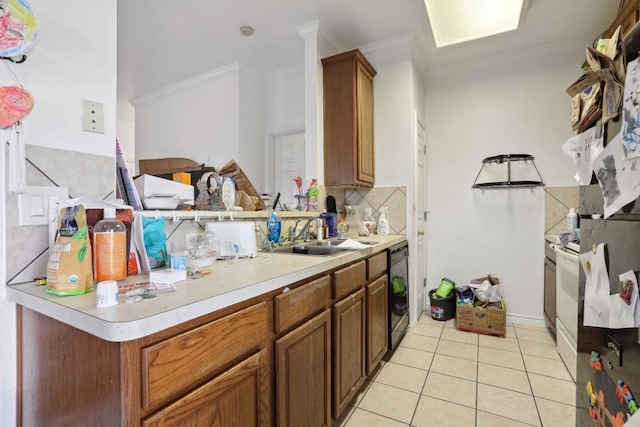 kitchen featuring sink, crown molding, light tile patterned floors, white range with electric cooktop, and black dishwasher