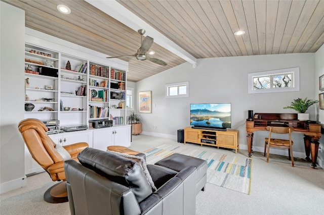 living area featuring recessed lighting, wooden ceiling, light colored carpet, and vaulted ceiling with beams