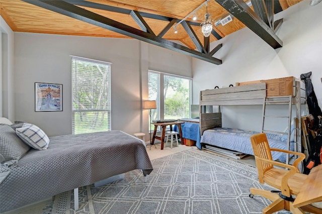 carpeted bedroom with high vaulted ceiling, wood ceiling, visible vents, and beamed ceiling