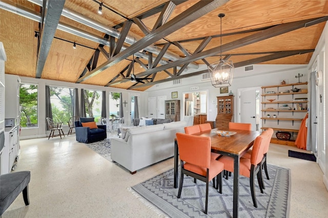 dining space with a chandelier, high vaulted ceiling, light speckled floor, visible vents, and beamed ceiling