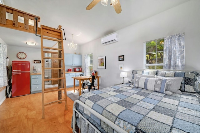 bedroom featuring a wall unit AC, a notable chandelier, and refrigerator