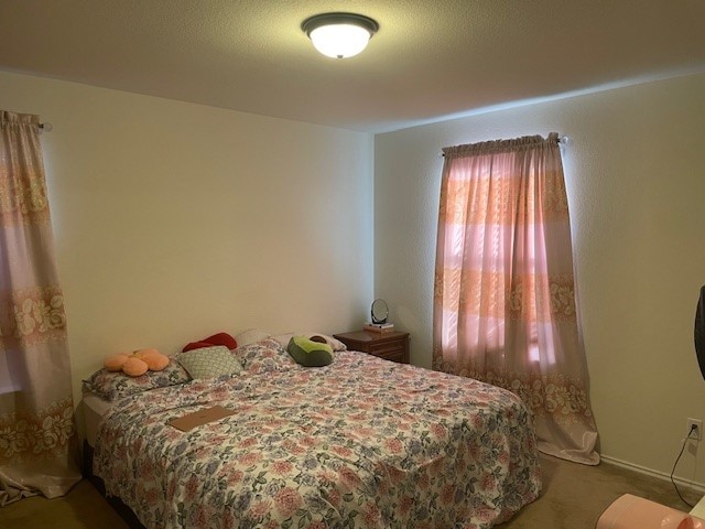 bedroom with carpet and a textured ceiling