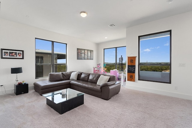 living room featuring light carpet