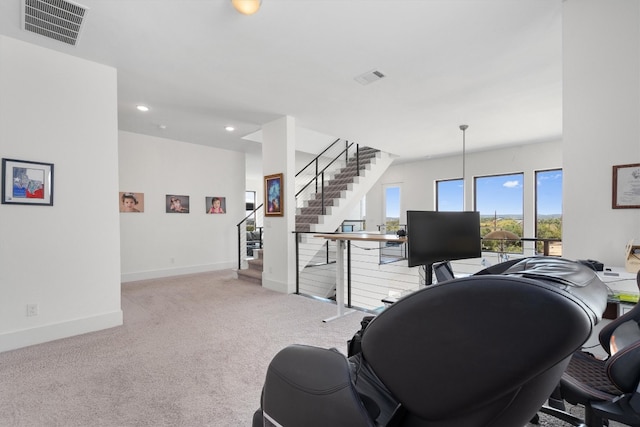 home office featuring light colored carpet