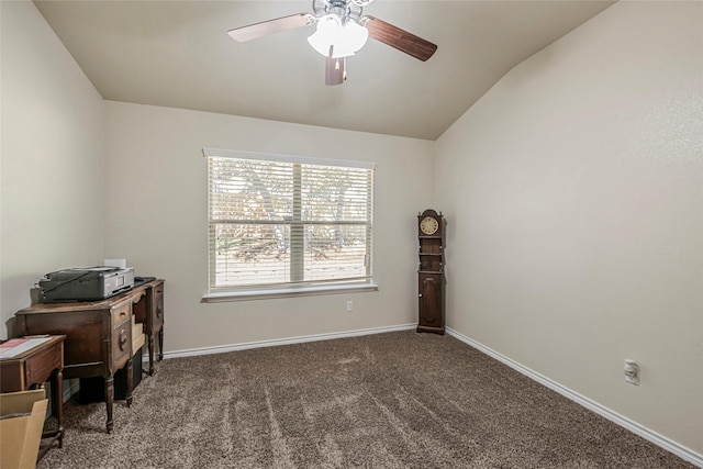 interior space featuring ceiling fan and vaulted ceiling