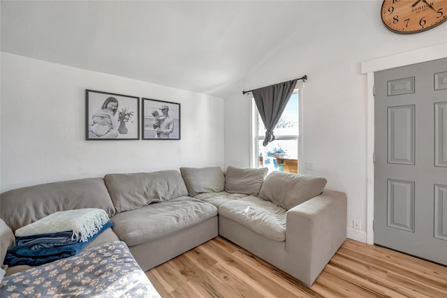 living room with hardwood / wood-style floors and lofted ceiling