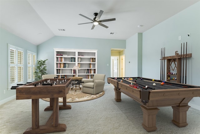 game room featuring ceiling fan, light colored carpet, and lofted ceiling