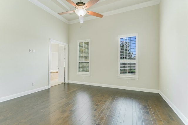 unfurnished room featuring ceiling fan, dark hardwood / wood-style flooring, and ornamental molding