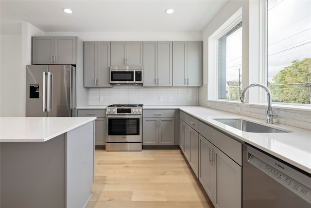 kitchen featuring appliances with stainless steel finishes, light wood-type flooring, backsplash, gray cabinetry, and sink