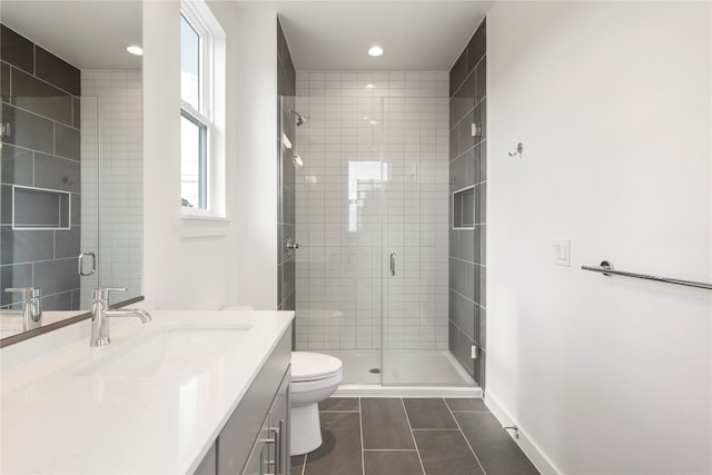 bathroom featuring tile patterned floors, vanity, walk in shower, and toilet