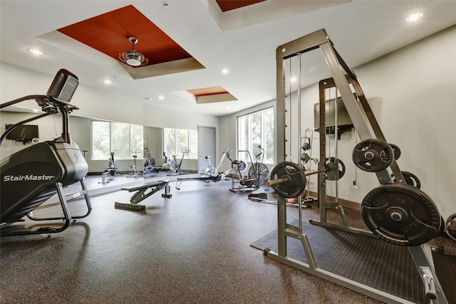 workout area featuring a raised ceiling