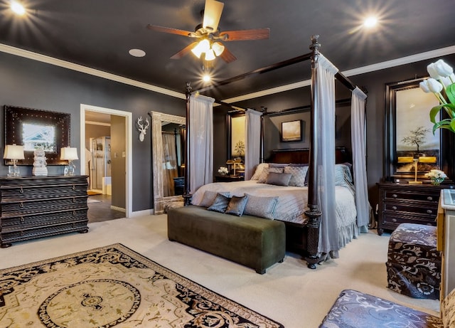 bedroom with carpet, ceiling fan, and ornamental molding