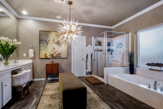 bathroom with shower with separate bathtub, hardwood / wood-style flooring, and crown molding