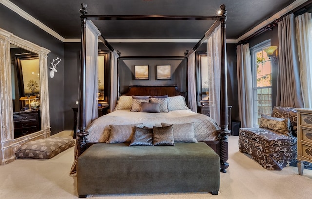 carpeted bedroom featuring crown molding