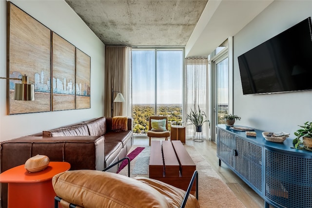 living room featuring light hardwood / wood-style floors and a wall of windows