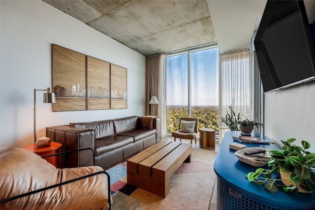 living room featuring a wall of windows