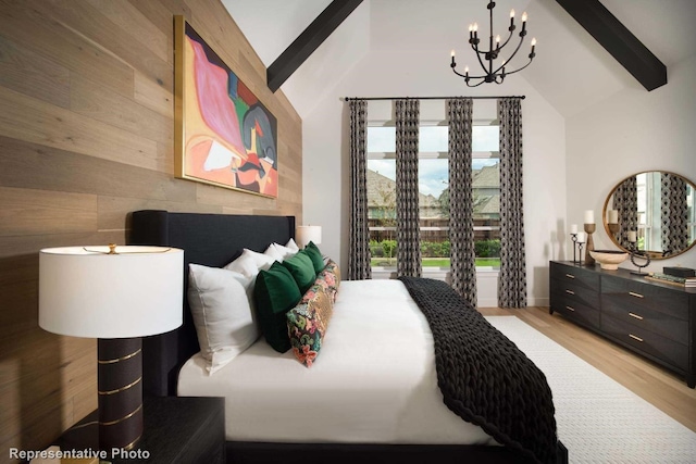 bedroom with beamed ceiling, light hardwood / wood-style floors, an inviting chandelier, and wooden walls