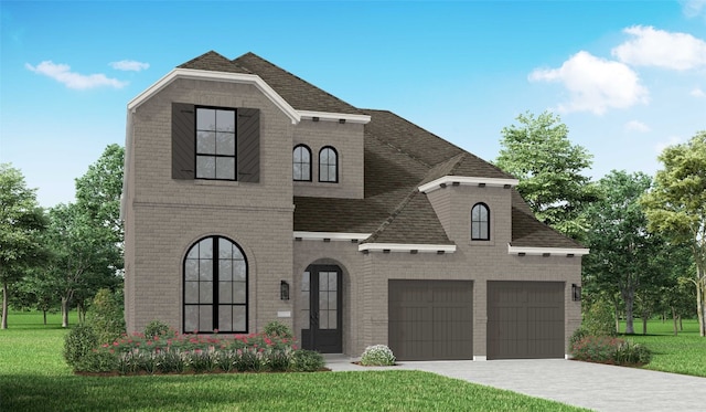 view of front facade featuring a garage, french doors, and a front lawn