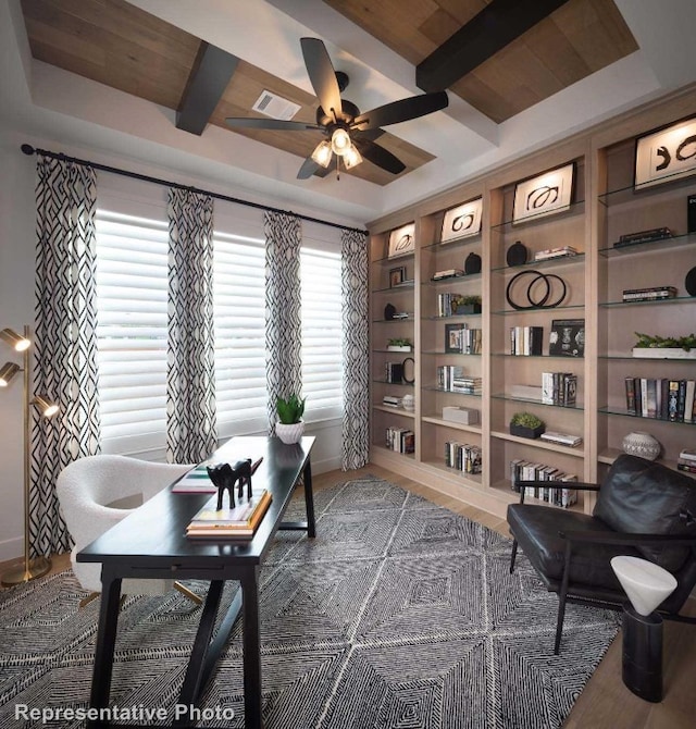 home office featuring beamed ceiling, built in shelves, dark hardwood / wood-style flooring, and ceiling fan