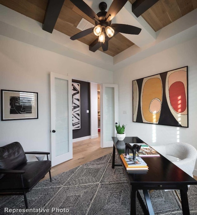 office area with french doors, hardwood / wood-style flooring, wood ceiling, and beam ceiling