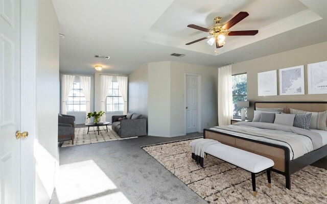 bedroom with a raised ceiling, multiple windows, and carpet floors