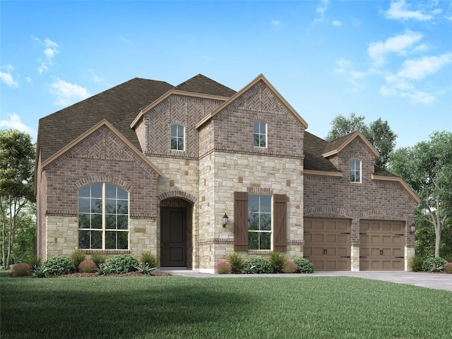 french country style house with a front lawn and a garage