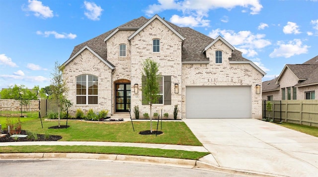 french country home with fence, brick siding, a front lawn, driveway, and roof with shingles