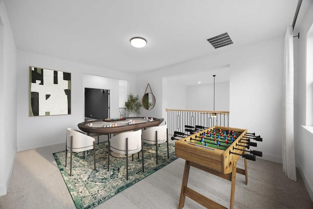 game room featuring carpet flooring, baseboards, and visible vents