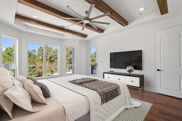 bedroom with beamed ceiling, ceiling fan, and dark hardwood / wood-style floors