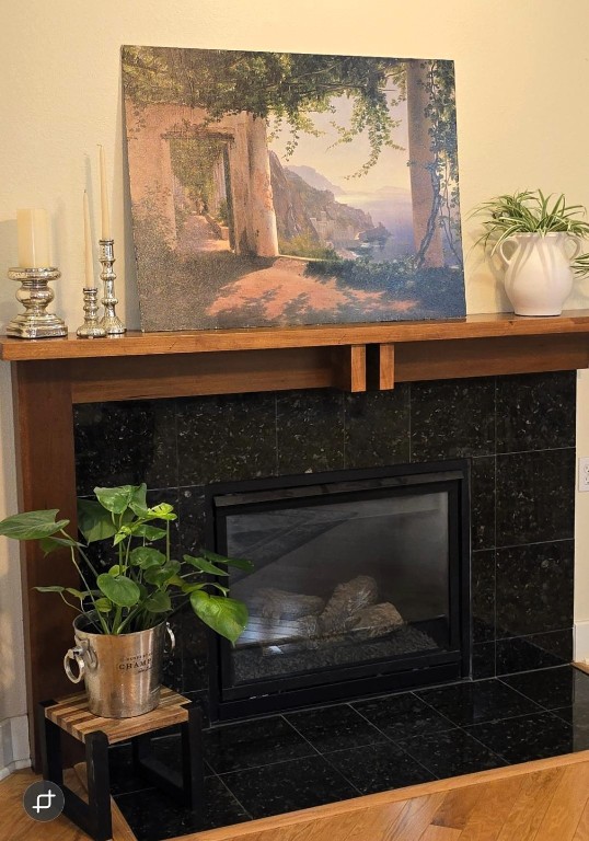 interior details with a fireplace and wood finished floors