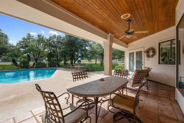 view of pool with ceiling fan and a patio